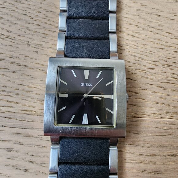 Men's Guess Stainless Steel and Black Leather Watch - Picture 8 of 13